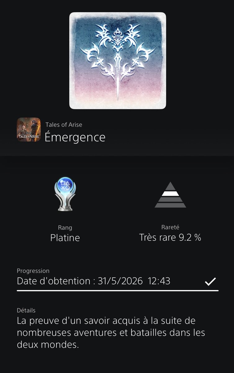 CladFox's tweet photo. 🏆 Platine — Tales of Arise 

Le post-game vaut surtout le détour pour ses boss optionnels, qui proposent un vrai défi. Le reste du contenu est assez oubliable. https://t.co/WIc4qaW8bu