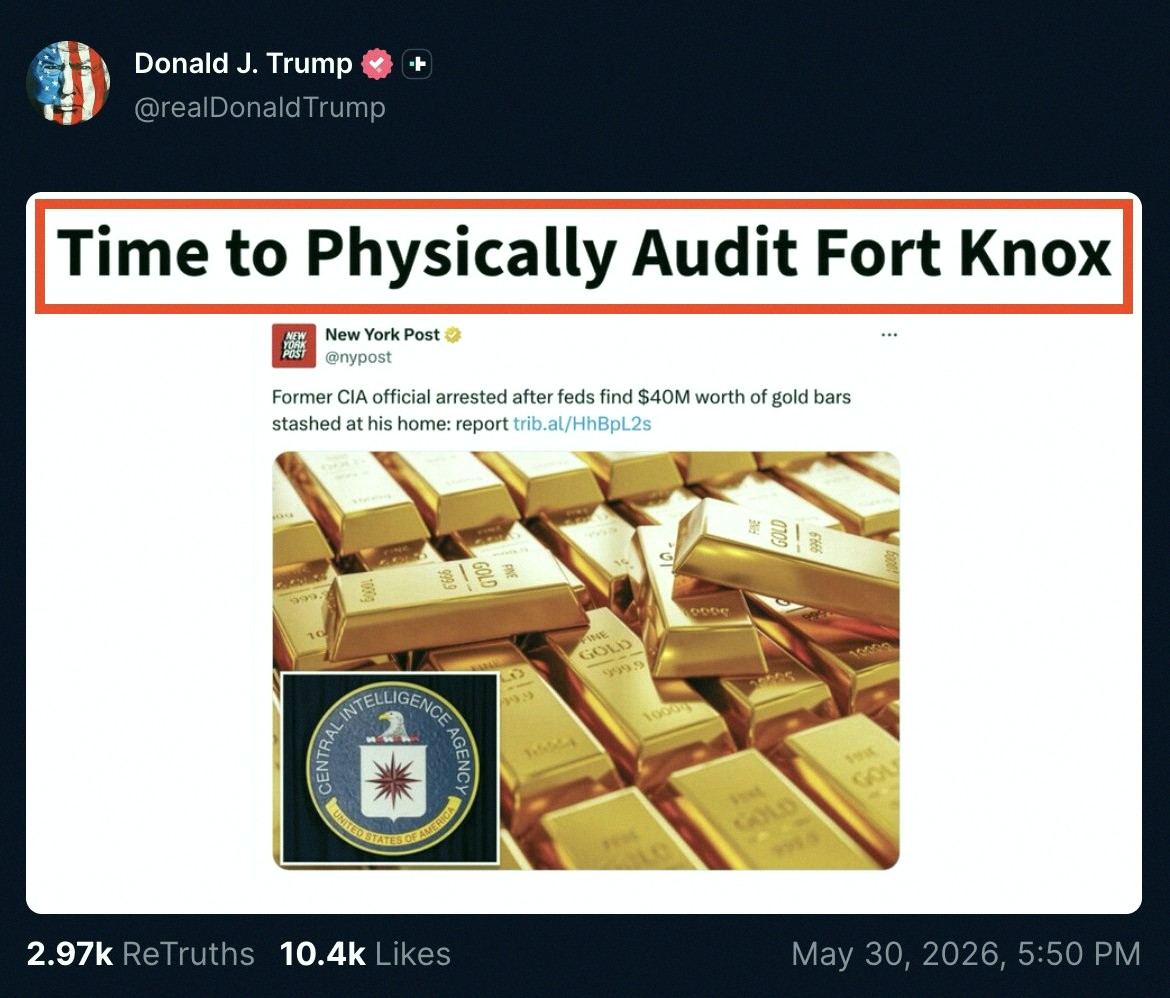 Lmsatc218's tweet photo. Big news: Trump wants a real physical check of Fort Knox's gold.

The US says Fort Knox holds 147.3 million troy ounces — worth over $500 billion.

But no independent audit has happened in more than 70 years. 😳 https://t.co/NpsiVeNOHP