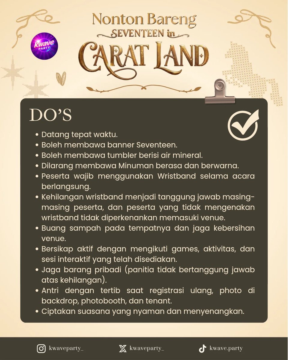 kwaveparty_'s tweet photo. 🎡 DO’S &amp; DON’TS SEVENTEEN IN CARATLAND – IMAX KEONG EMAS TMII 🎡

CARATs, let’s make this event full of good memories and good vibes! Don’t forget to check the rules above so we can enjoy the day together 💛 https://t.co/DeFTy1guBQ