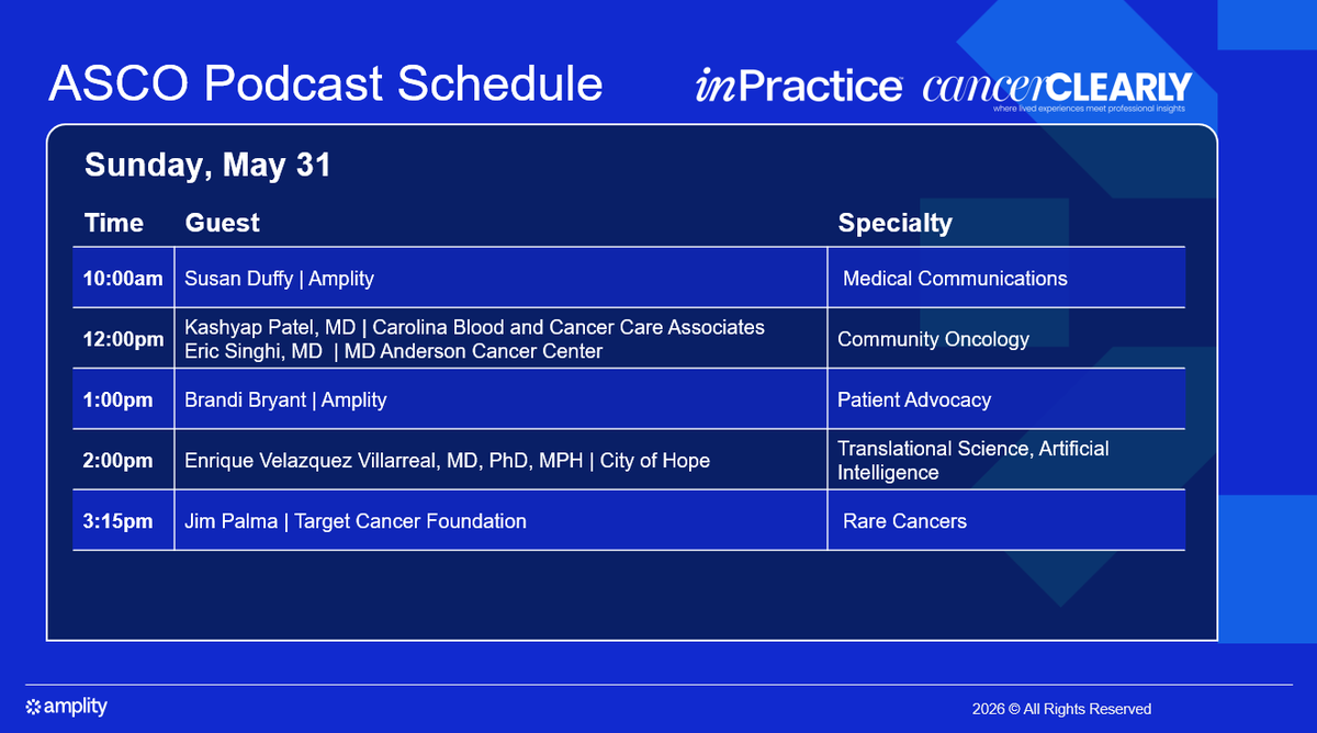 JHOPjournal's tweet photo. It's day two of #ASCO2026 and we're back with our 'Cancer Clearly' podcast series at Amplity's booth (#10085). Take a look at today’s schedule 👇 and join us live as we keep the conversation going.

#Oncology #HealthcareInnovation #CancerCare @ASCO https://t.co/L3XpN9rydm