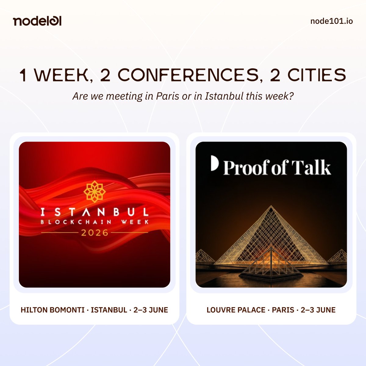 node_101's tweet photo. Let's meet in real life! 

node101 is joining 2 events in the east &amp; west capitals of Europe this week! 

It seems that everyone thinks june 2nd was the perfect date for their event, which one do you prefer? https://t.co/UUdcAyiRaw