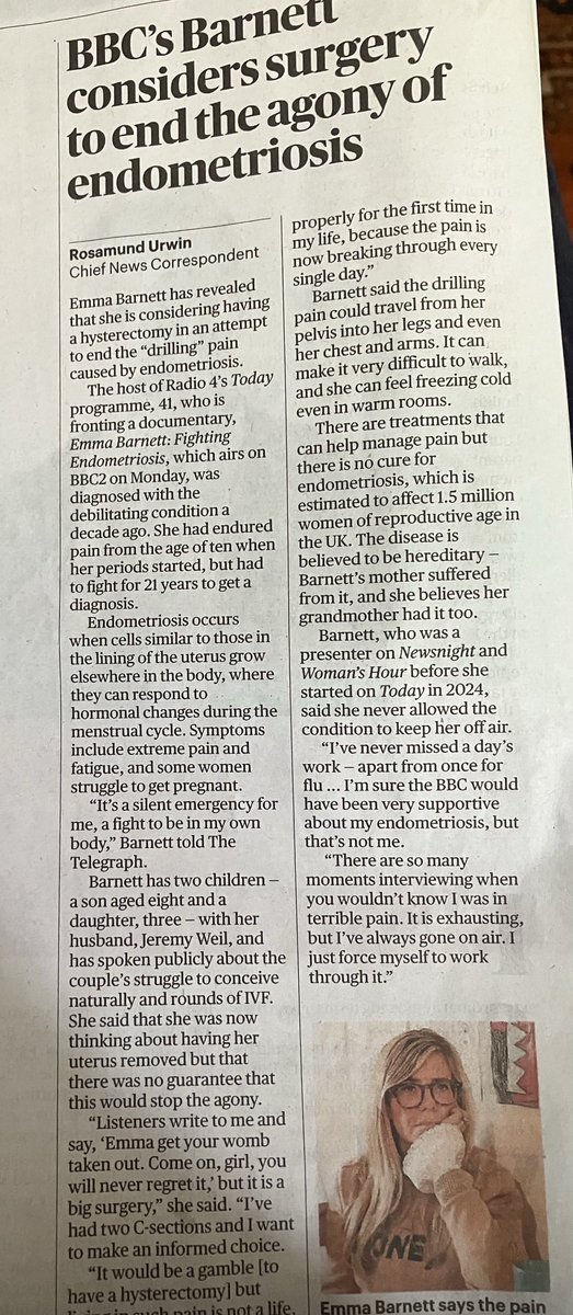 AmandaPCraig's tweet photo. Deepest sympathies to Emma Barnett for her continued agonies with endometriosis as described @RosamundUrwin. But it is NOT incurable! I had it for 7 years and the Mirena coil is better than hysterectomy. It  is quick, and if properly done, painless. Not enough women know this. https://t.co/JsoNPLCVFL