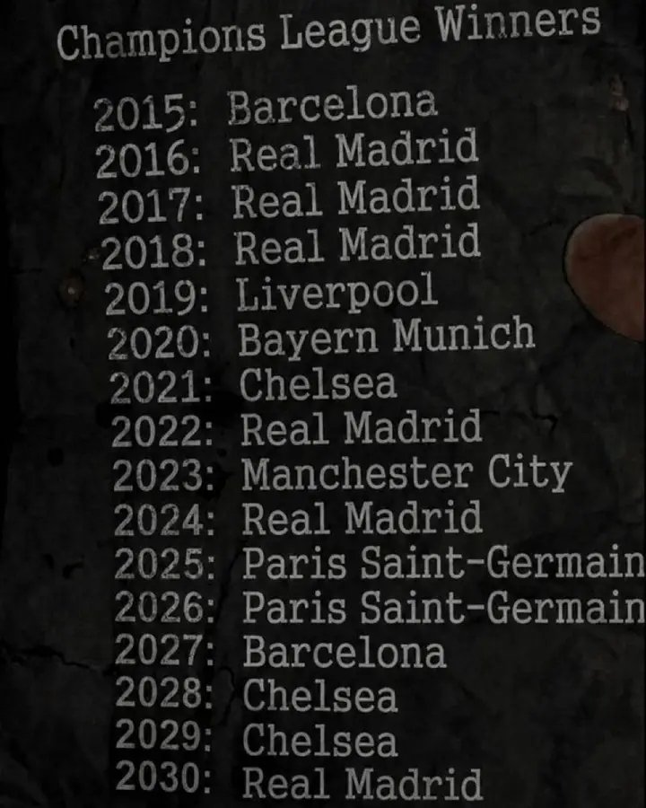 Ricchbee22's tweet photo. Someone on the internet allegedly predicted EVERY UCL winner from 2015 to 2030… and they've been right so far 😳👀 

This is either the greatest football brain alive or someone needs to explain themselves 😂🔥 

Who IS this person?! ⚽🏆 https://t.co/0exSLuGcb9