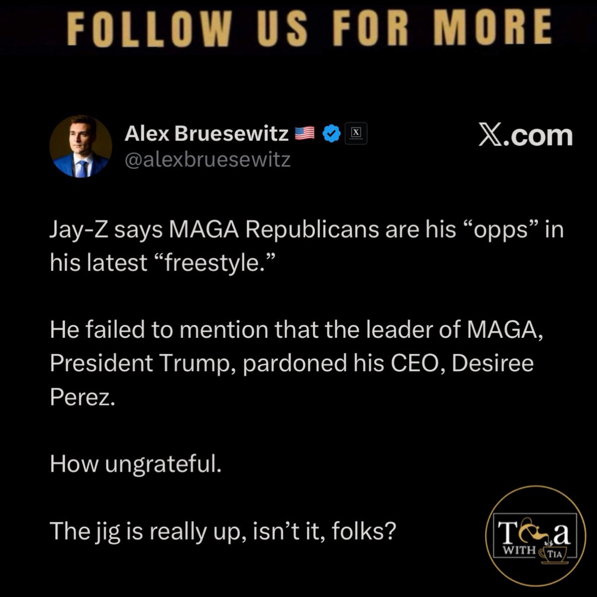 RealTeaWithTia's tweet photo. Oop #DonaldTrump’s head advisor responds to #JayZ sending shots towards MAGA when his right hand woman and CEO of #RocNation went to Trump for a pardon. https://t.co/nD5OaTIUMV