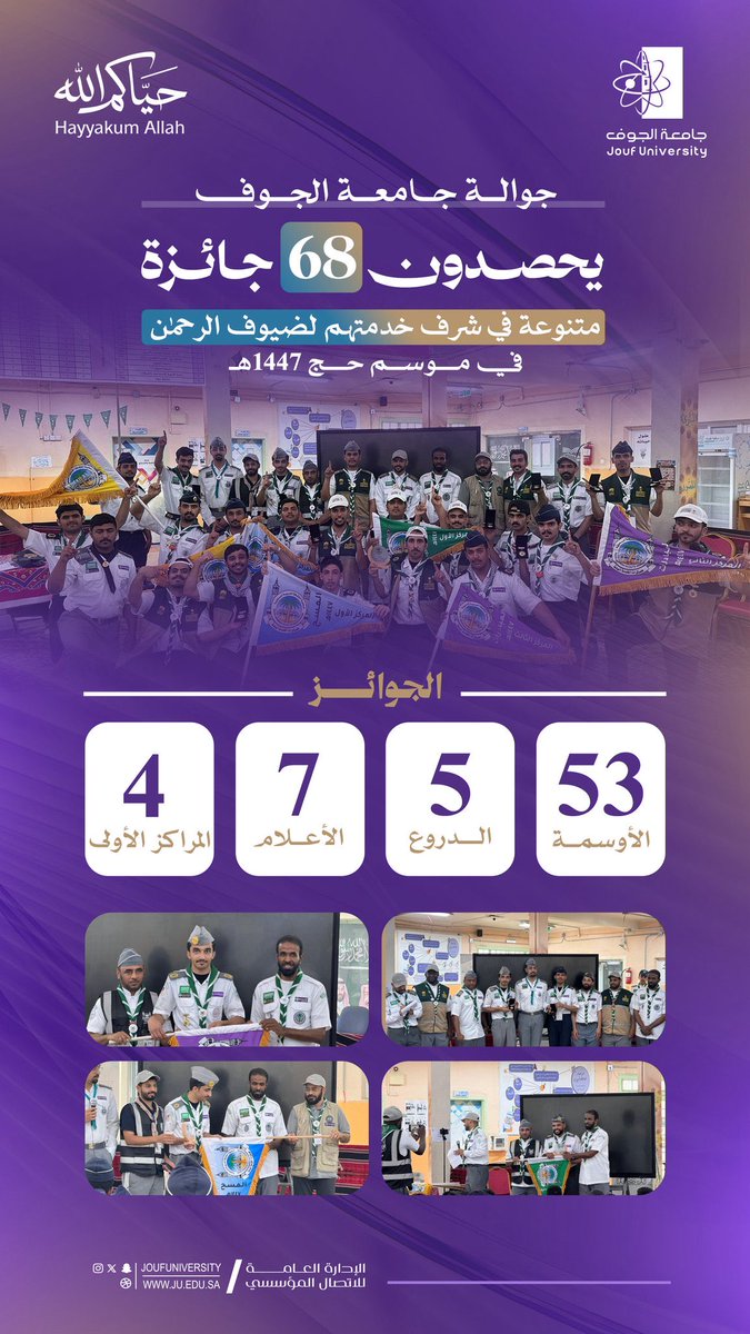 AlrashedBassam's tweet photo. جوالة #جامعة_الجوف @JoufUniversity يحصلون على 68 جائزة متنوعة؛ تقديرًا لجهودهم التطوعية والإنسانية في خدمة ضيوف الرحمن في موسم #حج_1447هـ ، مما يؤكد على دور الجامعة في #المسؤولية_المجتمعية وفي إعداد وتمكين جيل مبادر يسهم في خدمة الوطن.
#حياكم_الله https://t.co/4IEasNhyf5