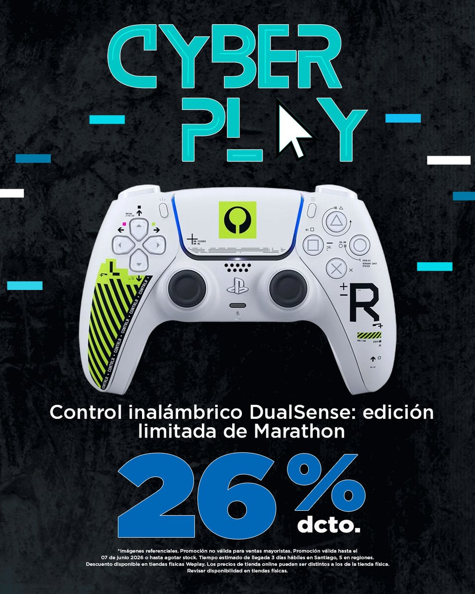 weplaystore_cl's tweet photo. Prepárate para la acción con el control #Marathon para #PS5 y aprovecha su precio especial durante nuestro #Cyberplay 🎮 🔥 Tu próximo nivel comienza aquí 🕹️ Descuento disponible en web y tiendas físicas #WeplayStore https://t.co/OpdUDrR1WD