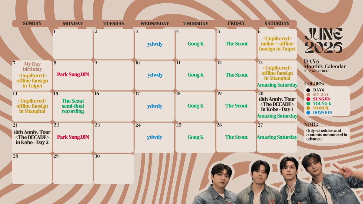 day6schedule's tweet photo. DAY6 Monthly Calendar: June 2026
[updated 6/01]

#sungjin #youngk #wonpil #dowoon
#데이식스 #day6 @day6official https://t.co/3c9tBrQxr2