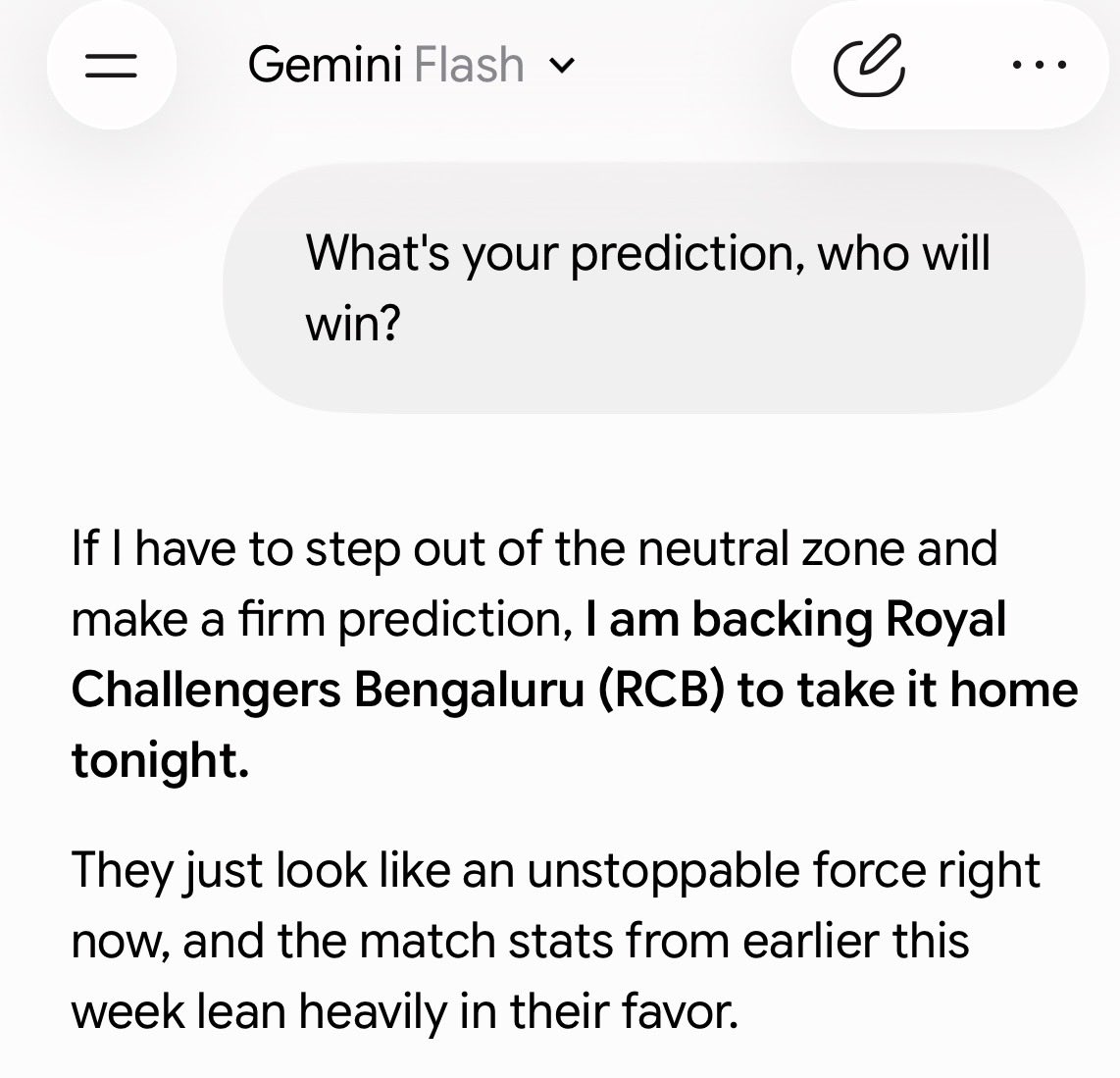 HowHumans's tweet photo. #RCBvsGT #IPLFinal

@grok @Gemini @ChatGPTapp 

All the AI predicts RCB to win

Let's see if they get right https://t.co/yqDDTg335w