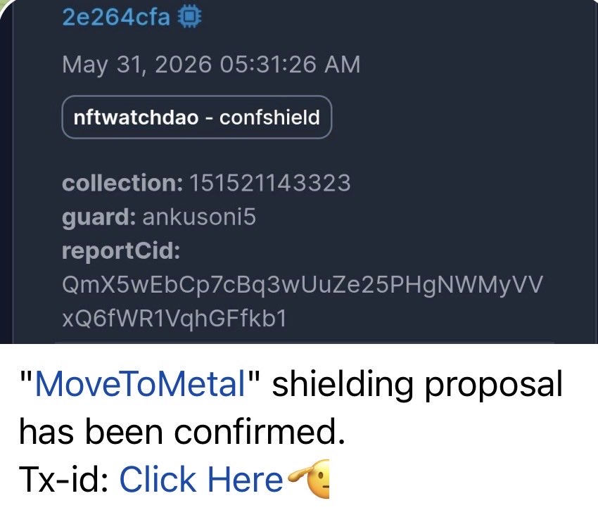 NftWatchDAO's tweet photo. Congratulations to our newest shielded collection, MoveToMetal! https://t.co/2CqlLZX2FR https://t.co/h8RUsuQJL5