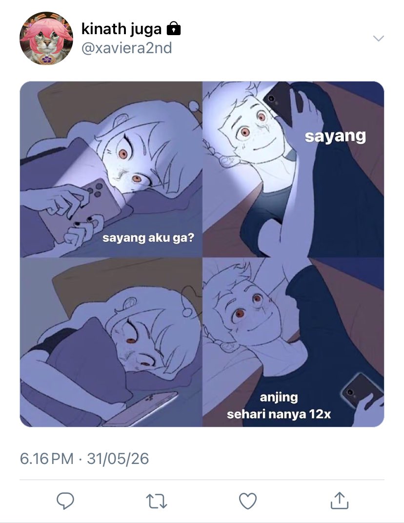 baeseulnity's tweet photo. kinath si penyabar dan pacarnya yang kalau baca chat pake nada itu

— winrina / jiminjeong few tweets au https://t.co/cuUMY69Wxj