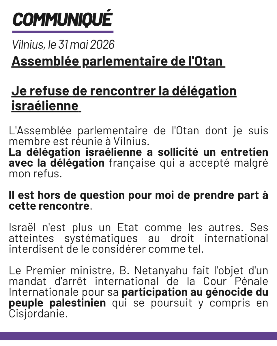 A_Saintoul's tweet photo. La délégation française de l'Assemblée parlementaire de l'Otan réunie à Vilnius a accepté de rencontrer la délégation d'Israël, État observateur.
Je boycotte et condamne fermement cette décision qui abaisse la France et banalise les crimes commis par Israël. https://t.co/9TGr2iAoEm