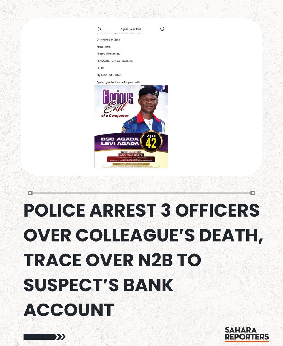 DejiAdesogan's tweet photo. Nigeria Police Arrest Three NSCDC Officers Over Colleague’s Death, Trace Over N2Billion To Suspect’s Bank Account

The Nigeria Police Force has arrested three officers of the Nigeria Security and Civil Defence Corps (NSCDC), Simeon Yakubu Anyebe, Ibrahim Ayefu and ASC Iwodi Obochi of the NSCDC Mining Marshals unit in connection with the death of Deputy Superintendent of Corps (DSC) Agada Levi Agada, an NSCDC officer and pastor.

The Force Intelligence Department (FID) commenced an investigation into Mr Agada’s death following receipt of a petition filed by the deceased's family lawyer, Nwabueze Obasi-Obi of Maikyau & Co. Legal Practitioners.
During the ongoing investigation, the police traced over N2 billion into a Zenith Bank account 1008392780 belonging to one of the suspects, Sgt. Jibril Labaran, an NSCDC Minning Marshal.

"We traced over N2 billion into the Zenith Bank account of Sergeant Labaran, the account number is 1008392780; and we have been able to trace the transfer and receipt of such clandestine monies from his account to and from the accounts of some of the other suspects," a police source revealed according to media reports