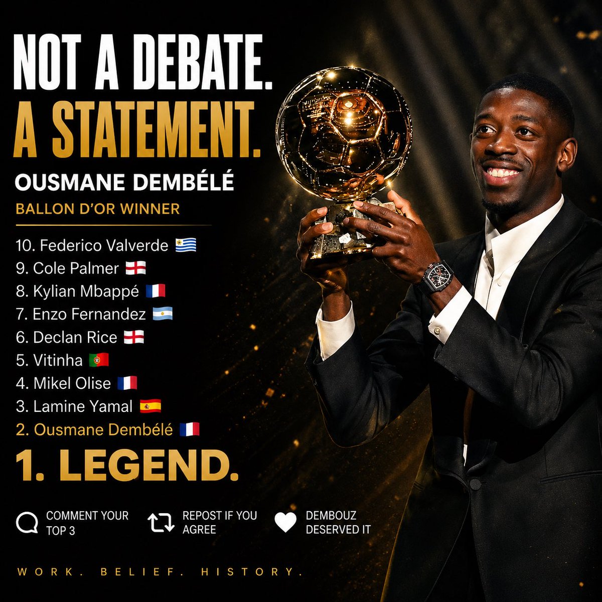 AJ___BOSS's tweet photo. 🚨 Breaking news :
If your favorite player isn't where you wanted him, maybe the problem isn't the ranking.

Maybe it's your bias.

Agree or disagree?

Drop your TOP 3 Ballon d'Or candidates right now. 👇🔥 https://t.co/eC4in3d8BA