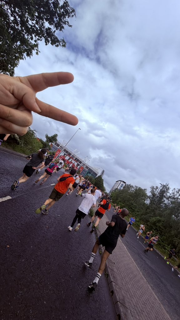 DuggTeebs's tweet photo. Great Manchester Run done. Little bit slower than Birmingham Half earlier this month, but still pulled a sub 1:55 out of my arse after a crap month of prep. 
Made sure I gave my regards to Citeh and Yanited 
#NFFC garibaldi red dog running kit today https://t.co/BfV4dqI0qo