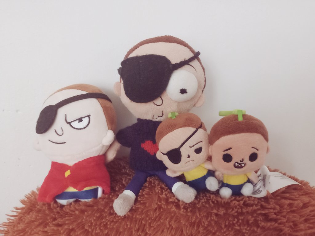 LittleEvilCat's tweet photo. I have 4 plushies momos (which I usually take pictures of and I buy them clothes and stuff), plus I have 5 Morty pins and 2 Funko Pops 💛💛💛💛 https://t.co/kDGscnTOcu
