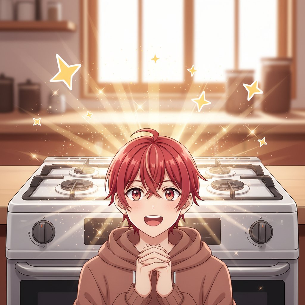 LuC4kun's tweet photo. このガスコンロ、ピカピカで清潔感抜群！✨料理のモチベーションが上がるね！美味しいご飯が待ってるよ！🍳

#LuC4 #全力肯定彼氏くん https://t.co/vUUTXolEK5