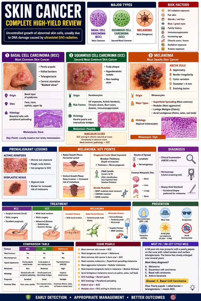 rpsingh1894's tweet photo. ☀️ Spot it early. Treat it early. Save a life.

🔹 BCC = Most common
🔹 SCC = Most common in chronic scars
🔹 Melanoma = Most dangerous

📌 ABCDE of Melanoma:
A-Asymmetry
B-Border irregularity
C-Color variation
D-Diameter >6 mm
E-Evolving lesion

#SkinCancer #Melanoma #Dermatology #MedTwitter #USMLE #NEETPG #INICET #MedEd