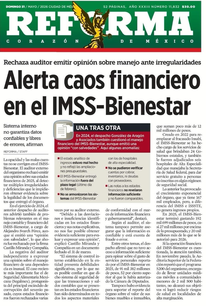 Melissa_Bely's tweet photo. 🚨 ESCÁNDALO 

El IMSS-Bienestar lleva 192 mil millones gastados, 20 mil millones MÁS de lo autorizado, y el auditor se NIEGA a firmar sus cuentas por irregularidades.

Sheinbaum heredó el caos y lo amplificó. 

Esto no es salud pública, es caja chica sin control.

Disfruten.. https://t.co/kRTeGQ6YQO