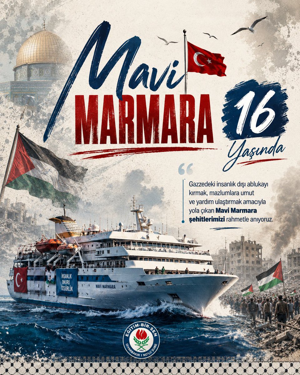 ebsdiyarbakir1's tweet photo. Mavi Marmara’nın 16. yılında…
Gazze’ye umut, mazlumlara ses olmak için yola çıkan Mavi Marmara; vicdanın, kardeşliğin ve insanlık onurunun sembolü oldu. Hak ve adalet uğruna canlarını feda eden şehitlerimizi rahmet, minnet ve dualarla yâd ediyoruz. 🇹🇷🇵🇸 #MaviMarmara #Gazze https://t.co/TfFp5pUH3f
