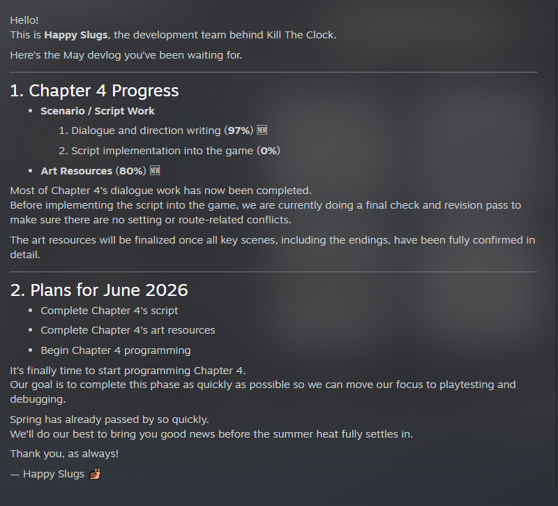 happyslugs_dev's tweet photo. ✨Devlog #12– Chapter 4 Progress  
✨개발일지 #12 - 챕터4 진행현황  
✨Devlog #12– チャプター4の進捗報告
✨开发日志 #12 – Chapter 4 进展

https://t.co/y858HyldOM

#killtheclock #indiedev #indiegames https://t.co/VSxwy7xMDi