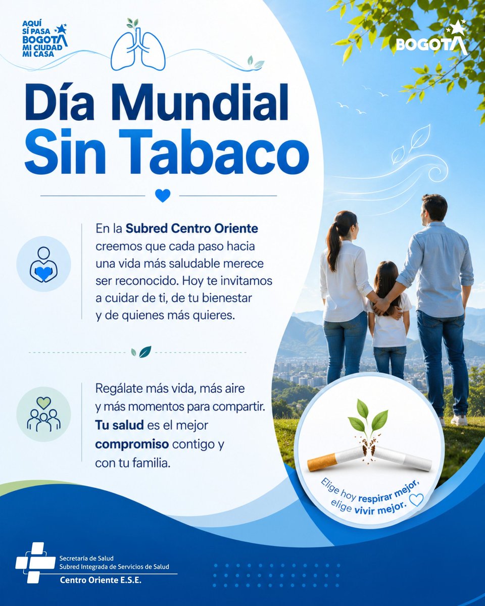SubRedCentroOri's tweet photo. 🚭 Hoy es una oportunidad para elegir bienestar, respirar con tranquilidad y cuidar de quienes más quieres. En la Subred Centro Oriente promovemos estilos de vida saludables que contribuyen a una mejor calidad de vida para toda la comunidad.

#DíaMundialSinTabaco https://t.co/fo1k14K5u5