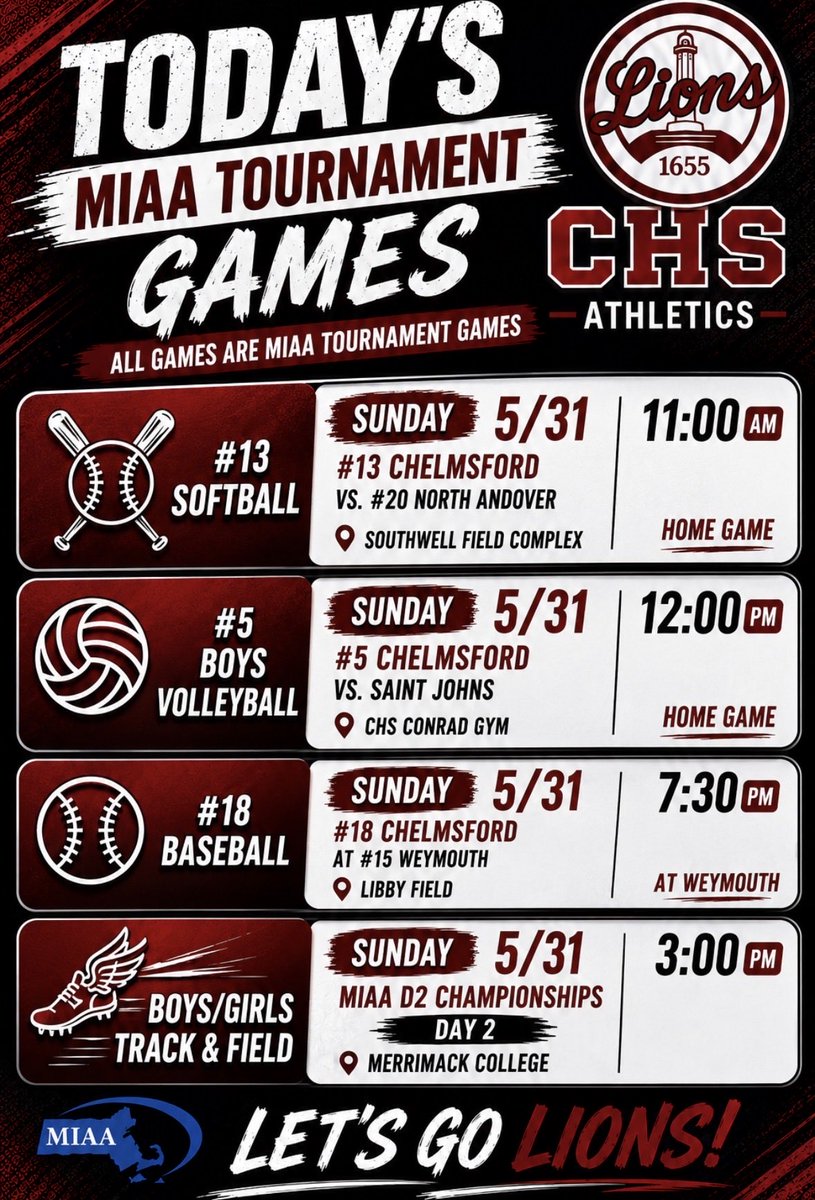 _LionsAthletics's tweet photo. Today’s Schedule 
🥎 @chslionssb 
🏐 @CHSBVolleyball 
🏃‍♀️ 🏃 @chelmsfordtrack @CHS_girlsxctf 
@CoachGuarente 
⚾️ @Coach_DiStasi 
🎟️ https://t.co/0EbIsh2P1o
@CHSASBoosters @CHS_Tundra @CPSchoolsMA https://t.co/x8xQj5cC8o