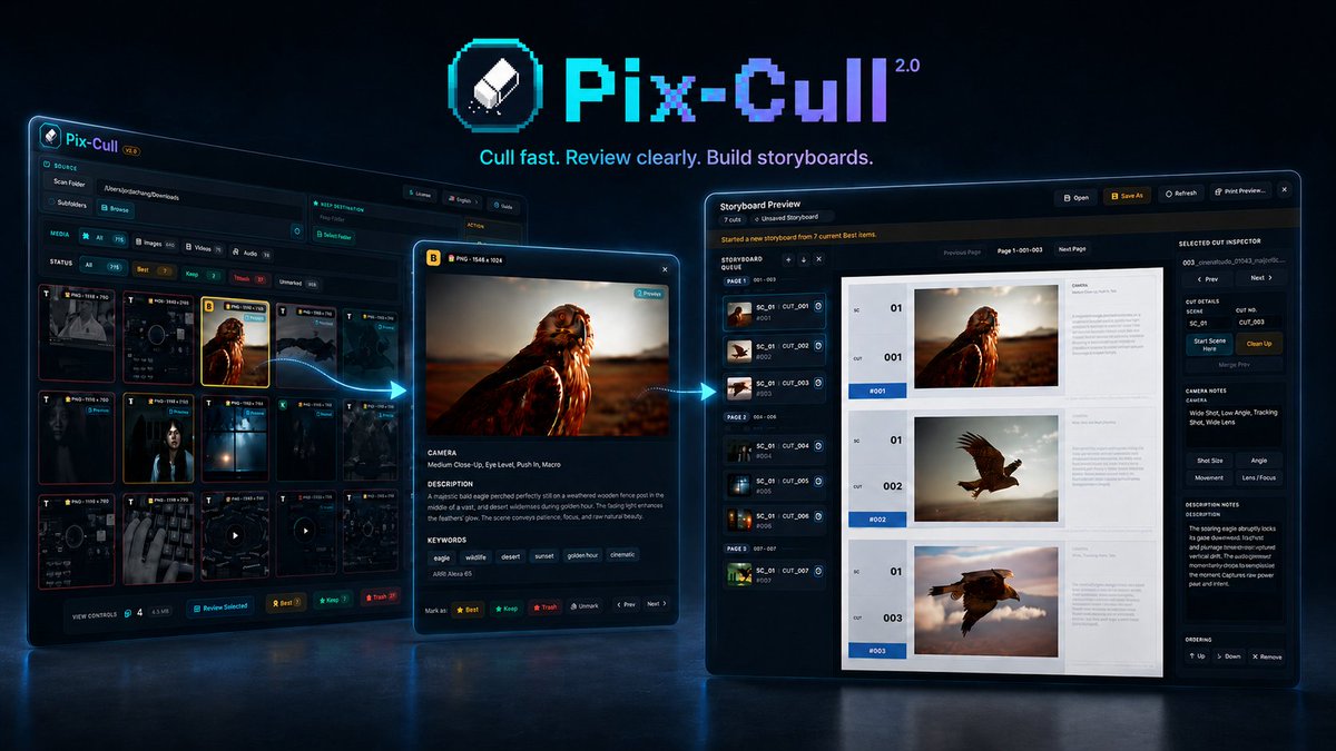 PixCull's tweet photo. Pix-Cull 2.0 is the direction I’m building toward:
cull faster, review more clearly, and turn selected media into storyboards.
The core idea is simple — selection more clearly, and turn selected media into storyboards.

The core idea is simple — selection is still a human creative decision.

#MacApps #CreativeWorkflow