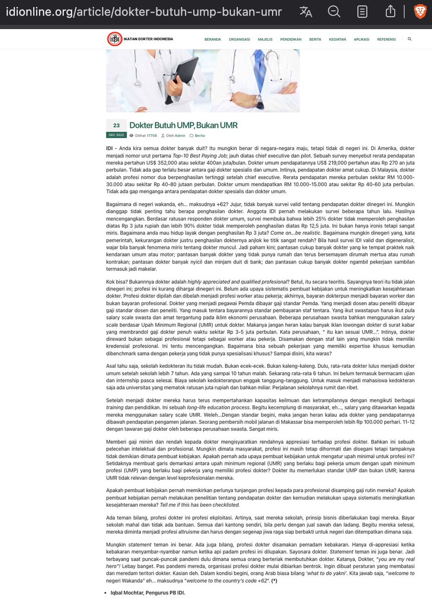 yosephsamodra's tweet photo. Dokter Iqbal pernah berkata (di 2022) bahwa ada hasil survei ratusan responden dokter umum, ditemukan bahwa lebih 25% dokter tidak memperoleh penghasilan diatas Rp 3 juta rupiah dan lebih 90% dokter tidak memperoleh penghasilan diatas Rp 12,5 juta.
Namun, wawasan berdasarkan pada rentang gaji penuh waktu yang diungkapkan oleh pemberi kerja di iklan lowongan kerja Jobstreet: gaji bulanan rata-rata untuk pekerjaan Dokter di Indonesia (Mei 2026) berkisar dari Rp 7.500.000 hingga Rp 10.500.000.