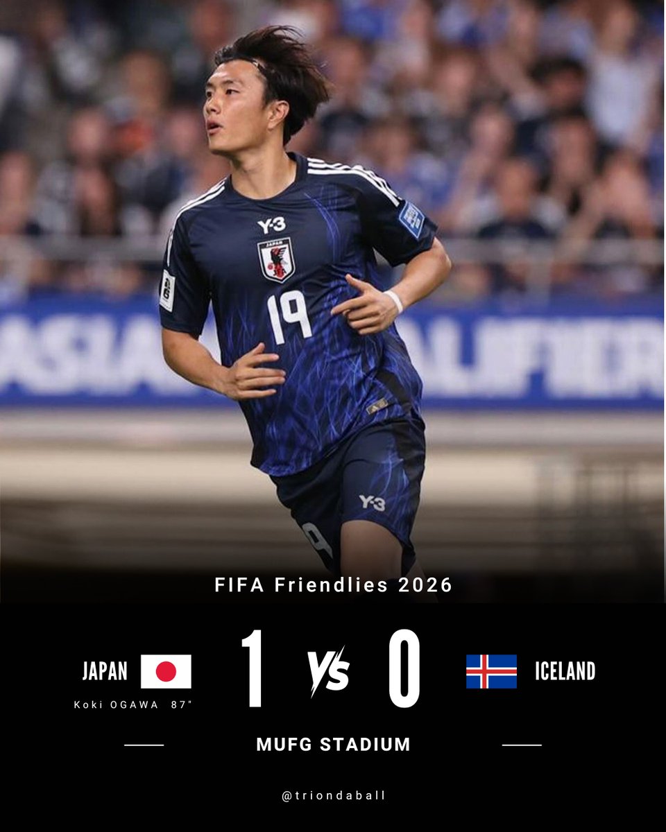 triondaball's tweet photo. Late drama in Tokyo! 🇯🇵
Koki Ogawa strikes in the 87th minute to secure a 1–0 victory for Japan against Iceland at MUFG Stadium.

The road to 2026 continues. ⚡️⚽️ https://t.co/btGM7TFCGH