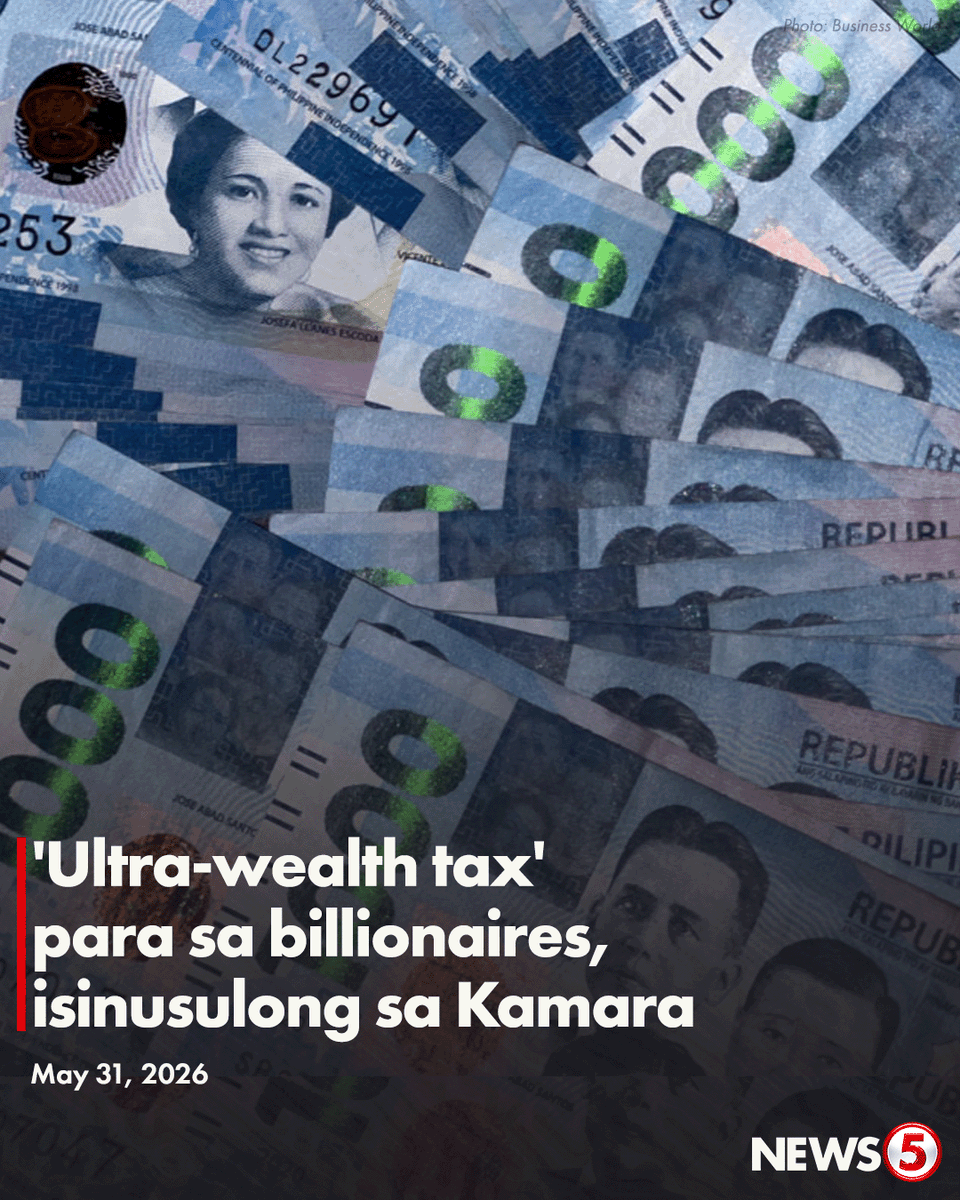 News5PH's tweet photo. ULTRA-WEALTH TAX

Ipinanukala ni Mamamayang Liberal Rep. Leila de Lima ang pagpapataw ng annual ultra-wealth tax para sa mga indibidwal na may net assets na higit P1 bilyon.

Sa ilalim ng House Bill No. 9274, itinutulak ang 1% rate para sa may net taxable assets na higit P1 bilyon; 2% para sa yaman na higit P2 bilyon; at 3% para sa may higit P3 bilyon.

Imunumungkahi na ilaan ang malilikom na buwis sa serbisyong pangkalusugan, pangkabuhayan, edukasyon, pabahay, at suporta sa local government.