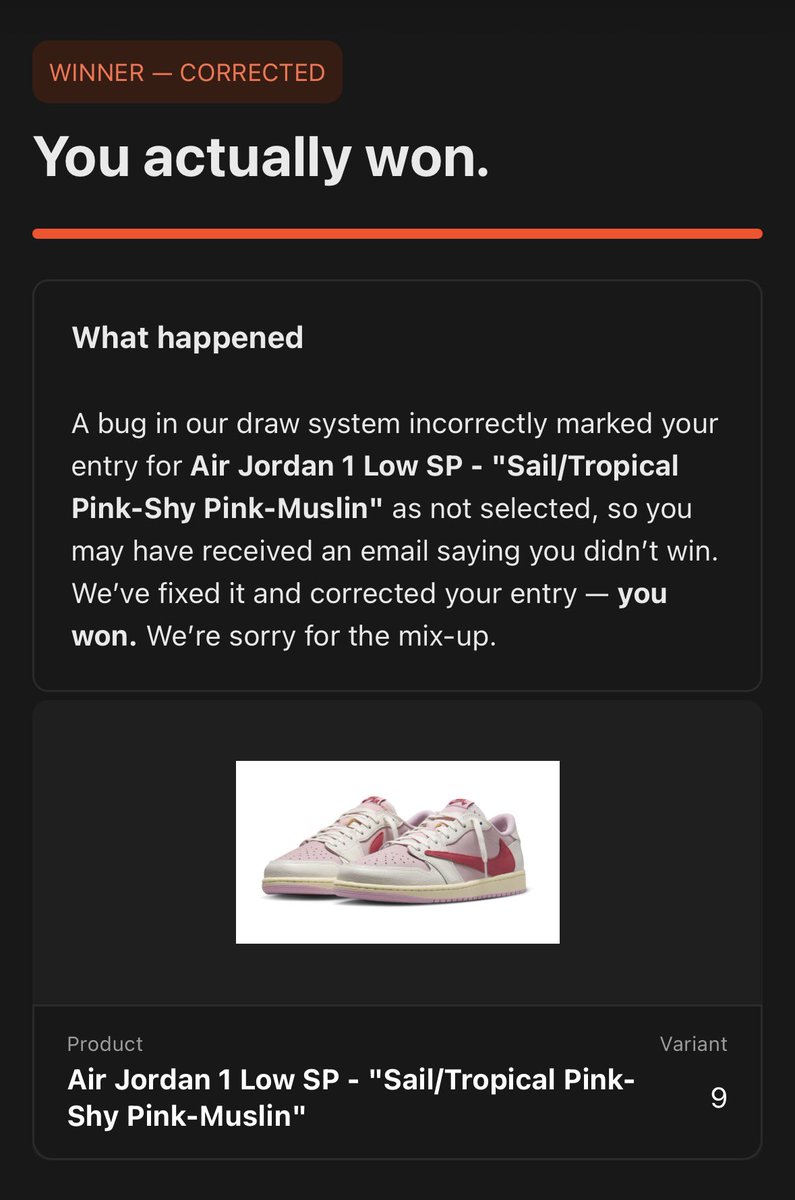 eacricky1's tweet photo. @SnkrsStock Holy insane email rn https://t.co/4fxPD4lJsI