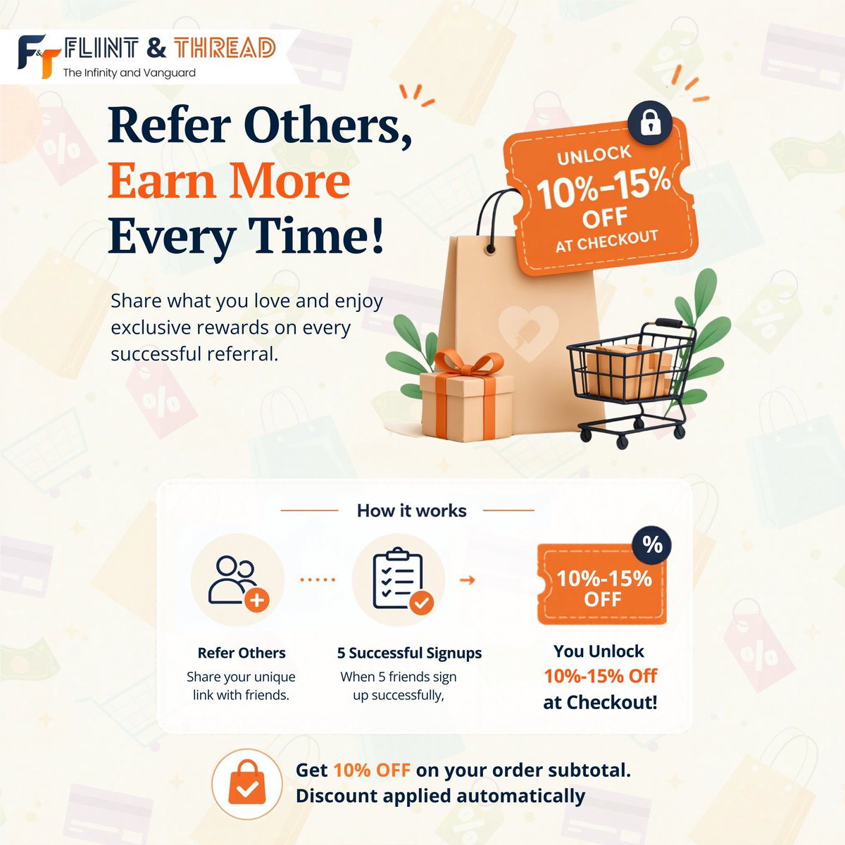 flintandthread's tweet photo. 🎉 Refer. Earn. Save. 🛍️

Share your Flint &amp; Thread referral link and start unlocking rewards!

👥 Every 5 successful signups
🎁 Get 10% OFF on your order subtotal at checkout

Start referring today!
🔗 https://t.co/hT8HTjwb7z

#FlintAndThread #ReferAndEarn #ReferralRewards https://t.co/g74MuXJtYQ