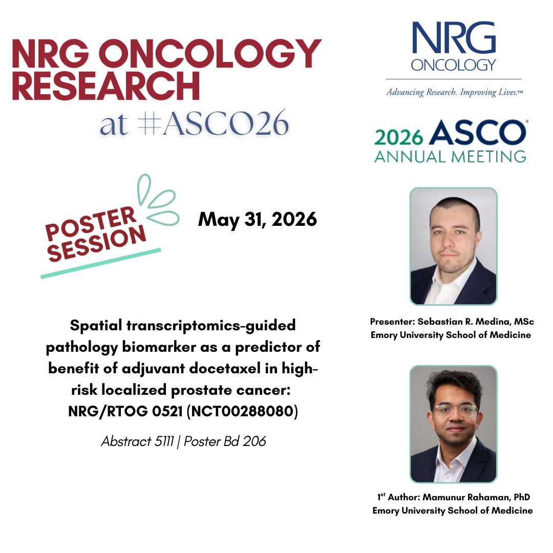 NRGonc's tweet photo. NRG research in #prostatecancer continues at #ASCO26 today with the poster session for NRG/RTOG 0521. Sebastian Medina discusses the spatial transcriptomics-guided pathology biomarker as a predictor of adjuvant docetaxel in high-risk localized prostate cancer. @WinshipAtEmory https://t.co/MUEAdHjwL9