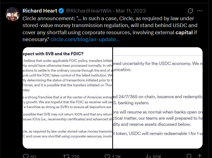TurntSalty's tweet photo. The average person looked at $pDAI and saw a broken chart.

That was the limit of their analysis.

They never asked what survived the fork.

Debt.
Contracts.
Permissions.
Proxies.
Governance residue.
Collateral paths.
Lending markets.
Settlement rails.

They called it dead because the price looked dead. Brilliant.  You're a fucking genius.

That's like looking at a locked bank vault and saying there is nothing inside because the door is locked tight.
The $pDAI thesis was never “everyone believes and number goes up.” That's child logic.

Here's a history lesson for you.

This was March 2023. The significance was massive: USDC exposed that a “safe” stablecoin is still a banking risk wrapper.

Circle disclosed that about $3.3B of USDC reserves were stuck at Silicon Valley Bank, and USDC broke its $1 peg, trading as low as roughly $0.88–$0.87 during the panic. Circle then said it would “stand behind USDC” and cover any shortfall using corporate resources or external capital if necessary.

USDC didn't fail because the blockchain broke.

USDC failed because the bank rail underneath the “stable” coin became uncertain.

The market thought it was holding digital dollars. What it was really holding was a tokenized claim on a reserve structure connected to banks, regulators, redemption windows, custody rules, and corporate balance sheets. When SVB failed, the control surface appeared immediately.

Stablecoin risk was revealed as:

bank risk,
issuer risk,
redemption risk,
reserve-location risk,
weekend liquidity risk,
regulatory risk,
confidence risk.

That's why Richard posted it. He was pointing at the hidden middleman inside the supposedly clean dollar token.

The lesson is that a stablecoin is only as stable as the weakest institution behind its redemption path.

Circle had to reassure the market that it would use corporate resources to cover a shortfall. That means trust returned not from code alone, but from balance sheet confidence, banking rescue assumptions, and public credibility.

That's not “just you and the code.”
That's old world dependency wearing an onchain costume.

If #PulseChain relies on bridged USDC/USDT or banked stablecoins as its main settlement layer, then PulseChain inherits the same external control surface. A bank problem, issuer problem, bridge problem, blacklist problem, redemption problem, or regulatory problem can bleed into the chain’s monetary layer.

This is exactly why pDAI/PAI matters in our White Hole framework.

Not because pDAI is automatically safer.

Because it represents the possibility of a native settlement office that doesn't depend on Circle’s bank account, Coinbase’s conversion window, SVB style custody risk, or external issuer promises.

https://t.co/fAkdjpY2Ni