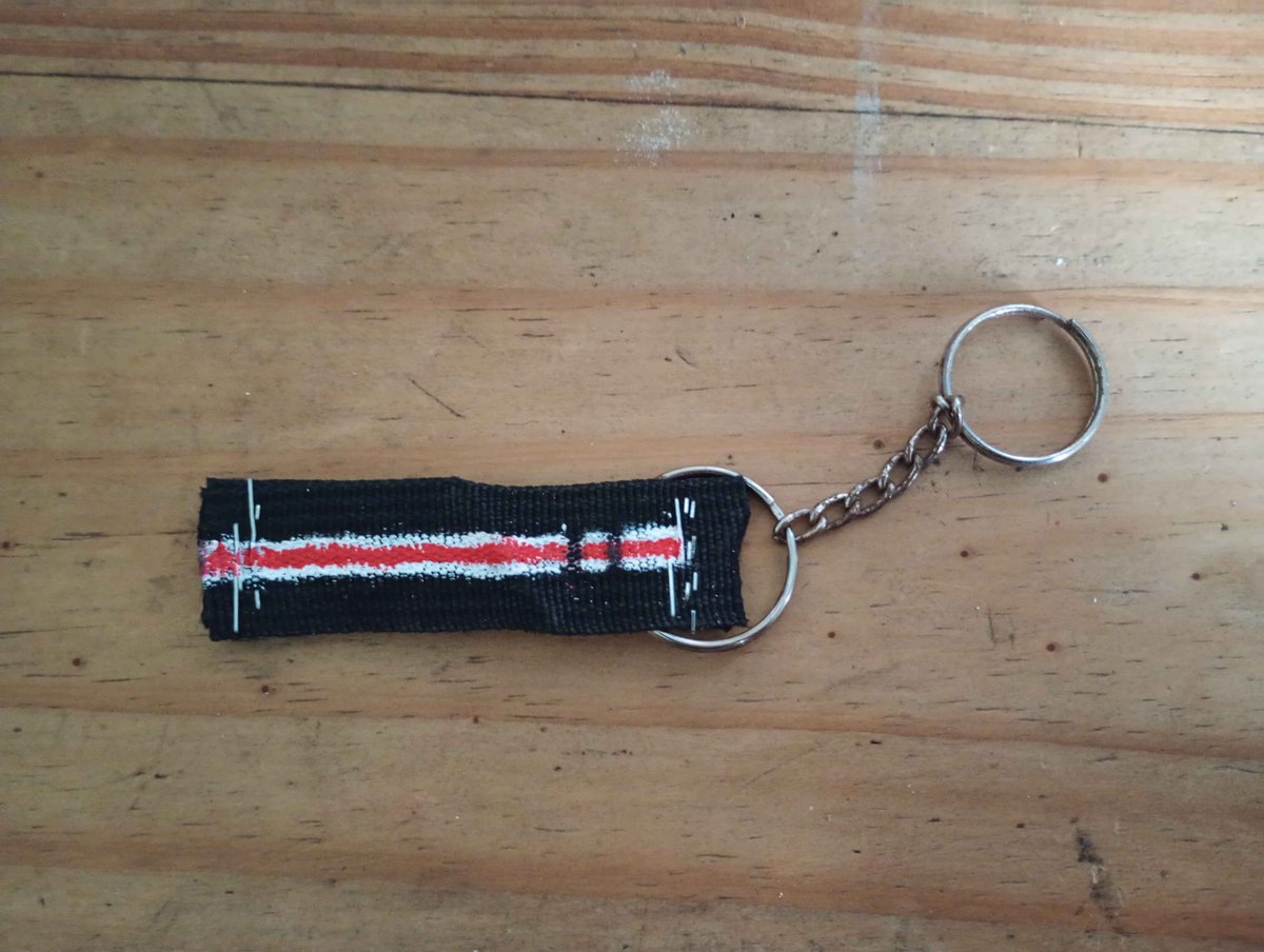 macaroney_'s tweet photo. So i may have gotten a teeny weeny bit jealous and uhh did.....this thing

its a strap of an old backpack kept in place by some staples, two old keychain hoops, some acrylic paint and a dream
it may look messy af but i like it enough to wear it as a keychain now goddamit https://t.co/fWHC7UJnAW