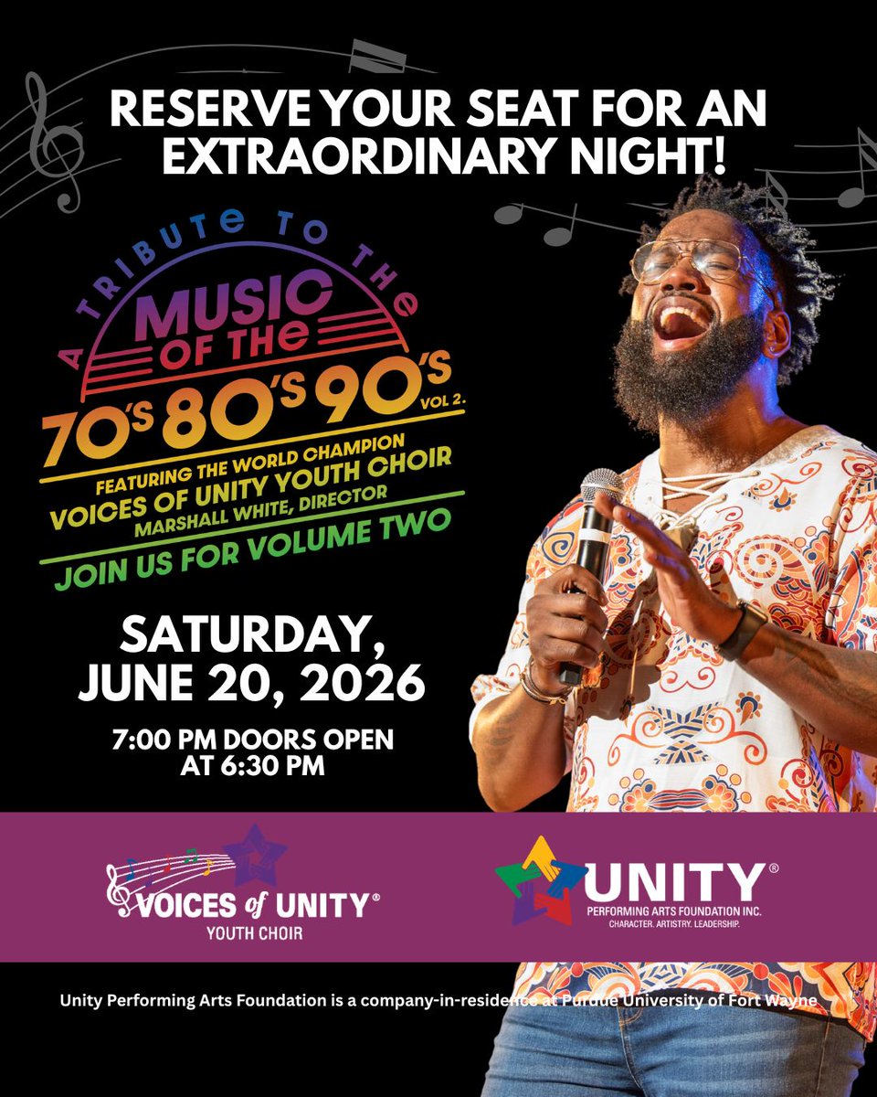 UNITYPAF's tweet photo. Join us for A Tribute to the Music of the 70’s, 80’s &amp; 90’s Vol. 2 featuring the World Champion Voices of UNITY Youth Choir!

📅 June 20, 2026
 🕖 7 PM | Doors 6:30 PM
 📍 Purdue Fort Wayne Music Center
 🎟️ https://t.co/QqIhtCBUKs

Come celebrate with us! https://t.co/aLpBwodKpK