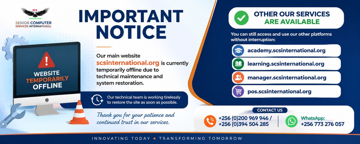 scsinternationa's tweet photo. 🚨 SYSTEM MAINTENANCE NOTICE
Our main website is temporarily offline for maintenance and system upgrades.
🌐https://t.co/ephYLaqDli
All other services remain fully active like:
🎓https://t.co/yP8DlfITO7
📘https://t.co/eo3St1aO2Y
We apologize for the inconvenience 
📱+256773276057 https://t.co/WeiNCx3yiH
