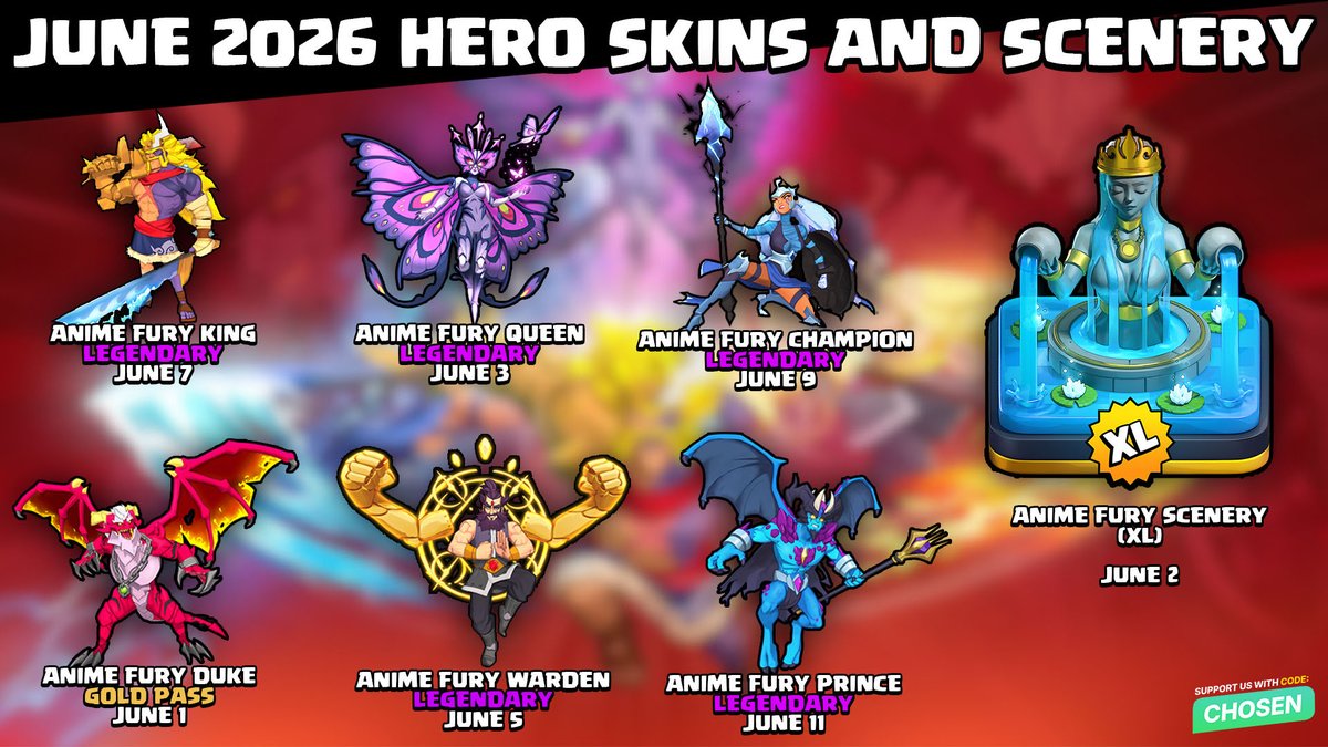 ClashNetworkX's tweet photo. June 2026 Hero Skin and Scenery! 🔥 

The Anime Fury Duke skins will be available in the Gold Pass as primary skin 👀 

Which skin do you like the most? 🤔 https://t.co/ntR6kxuM3U