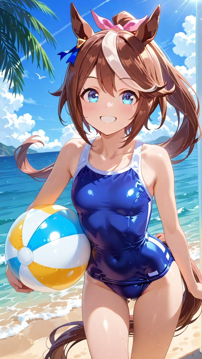 notes9999's tweet photo. 「見て見て、このビーチボール！　ボクの最強のサーブ、ちゃんとレシーブできるかな？　手加減はナシだからね。いくよーーっ！」
#ウマ娘
#トウカイテイオー
SWF illustration ／AIart
Umamusume: Pretty Derby／Tokai Teio https://t.co/qF9TH4ar4b