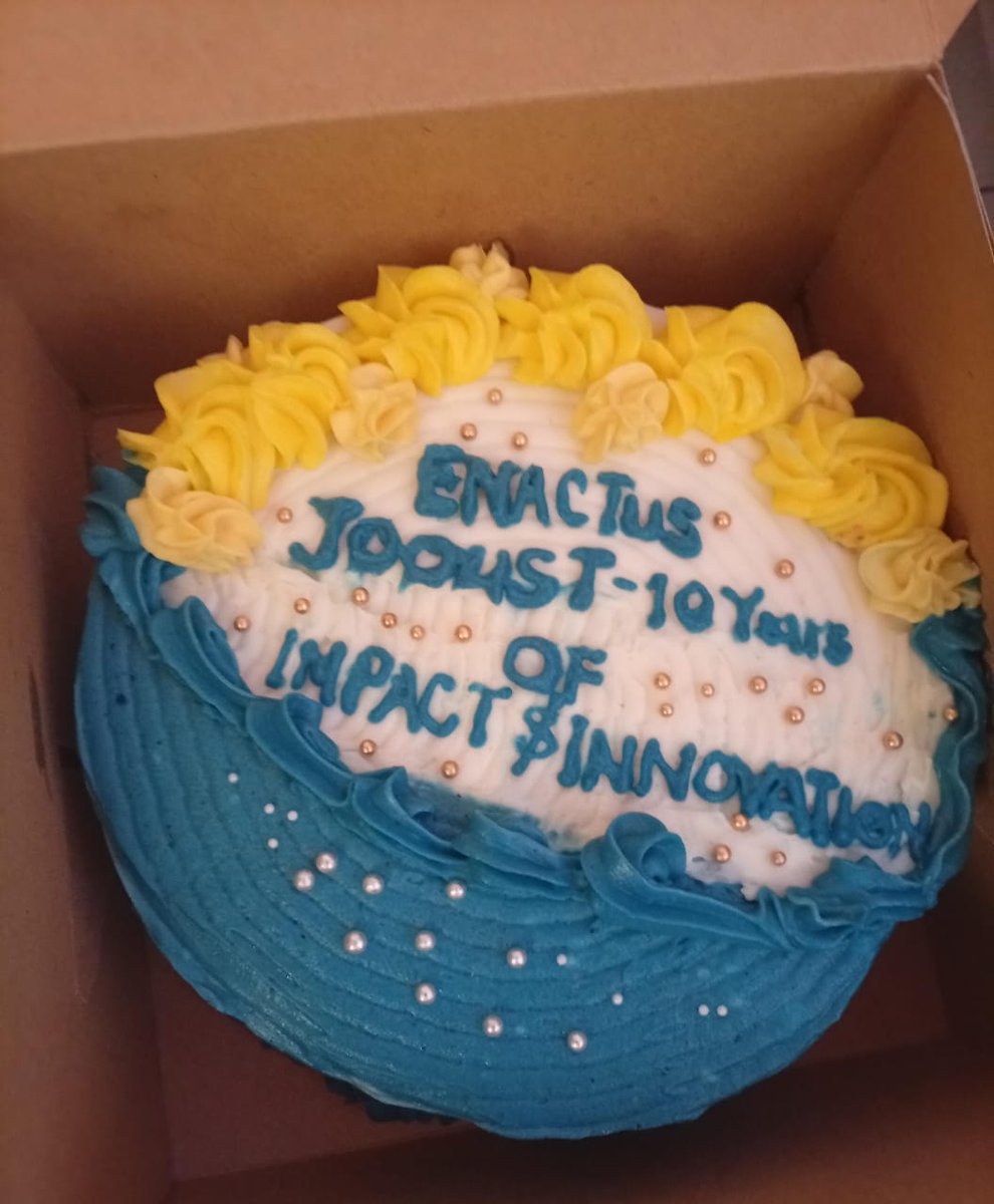 Enactus_Jooust's tweet photo. This year’s Enactus cake is more than a treat , its colours celebrate innovation and winning. And as we cut it, we mark 10 years of Enactus thriving strong. #EnactusJOOUST https://t.co/lwJDlmk34z