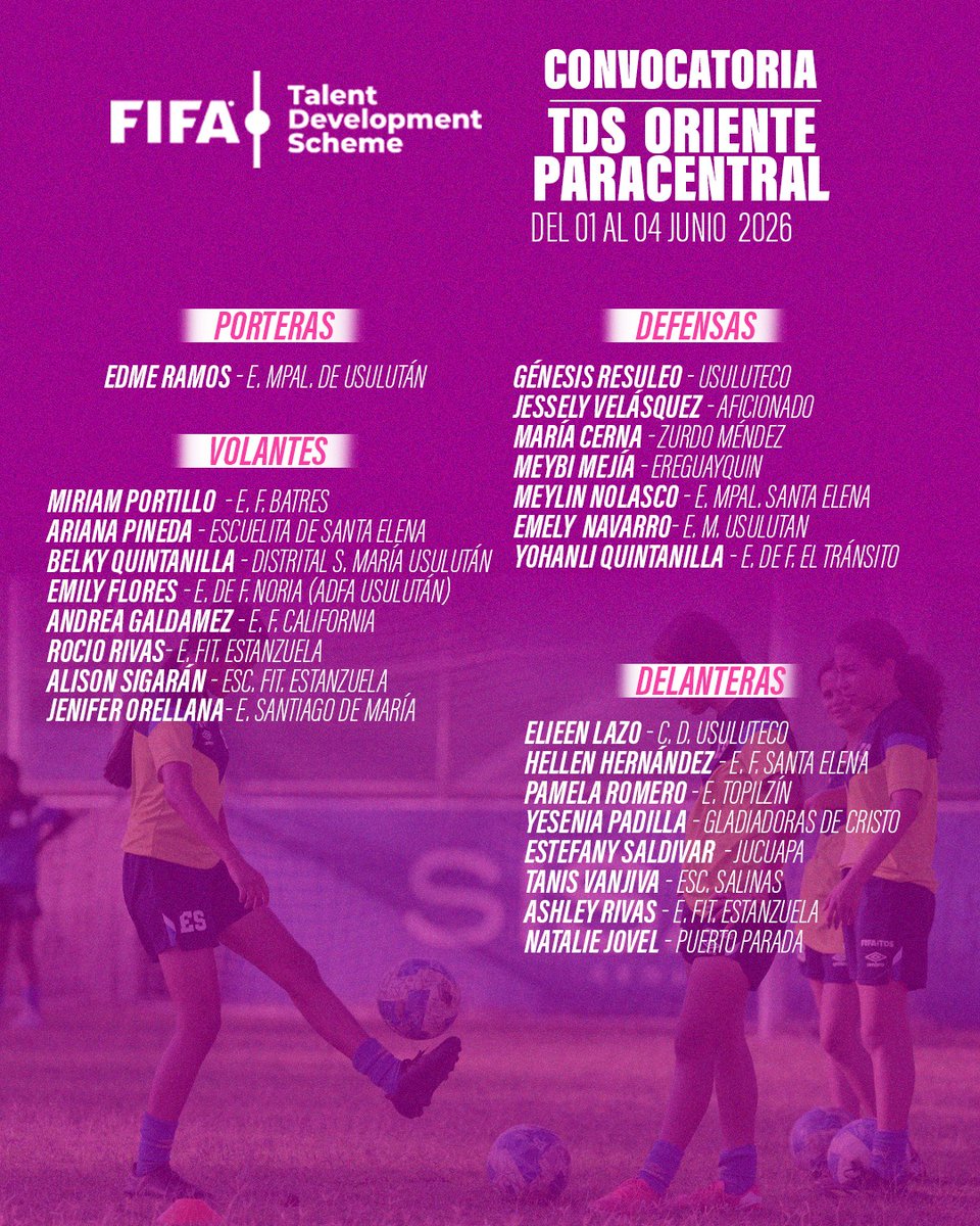 fesfut_sv's tweet photo. Presentamos las convocatorias femeninas de nuestro Programa Desarrollo de Talentos (TDS) FIFA - FESFUT

Zona Occidental
📍INDES Santa Ana
📆 Del 1 al 4 de junio de 2026
⌚ 1:30 pm

Zona Oriente Paracentral
📍ADFAS Usulután
📆 Del 1 al 4 de junio de 2026
⌚ 3:30 pm

Zona Oriente
📍INDES San Miguel
📆 Del 1 al 4 de junio de 2026
⌚ 3:30 pm

Zona Centro
📍FESFUT
📆 Del 1 al 4 de junio de 2026
⌚ 3:30 pm

#TDS #FESFUT #ElSalvador