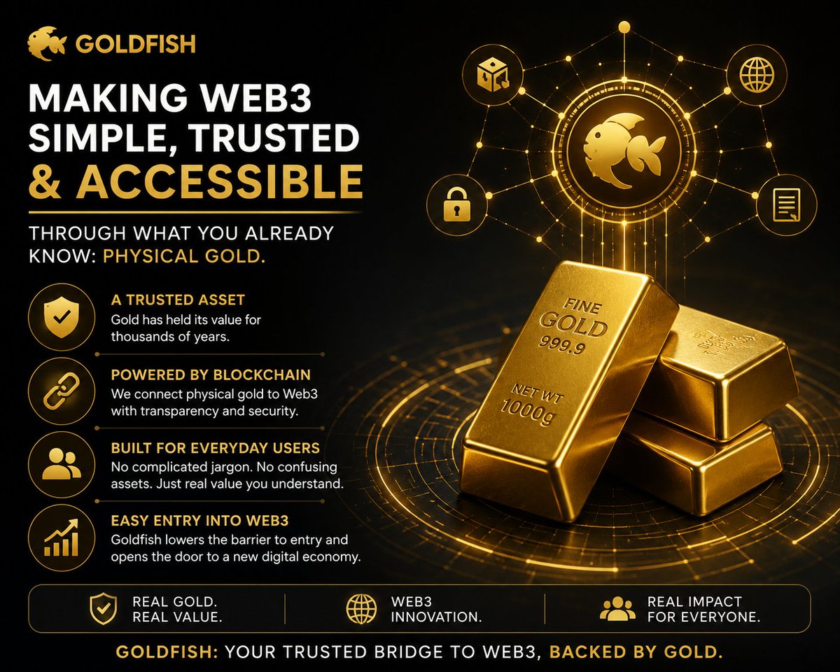 princess148781's tweet photo. Many people are interested in Web3 and crypto but feel overwhelmed by volatility and unfamiliar digital assets.
@goldfishggbr helps bridge that gap by bringing something people already understand and trust: physical gold. By connecting real-world gold with blockchain technology. https://t.co/yX5fq6oMg9