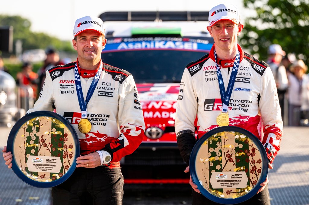 fia's tweet photo. 🇯🇵🏆 W I N N E R S 🏆🇯🇵

@TGR_WRC secure the podium in a Top 3 lockout at WRC FORUM8 Rally Japan 2026! 🥇🥈🥉 

#FIA #FIAWRC https://t.co/MACmK0Azpo