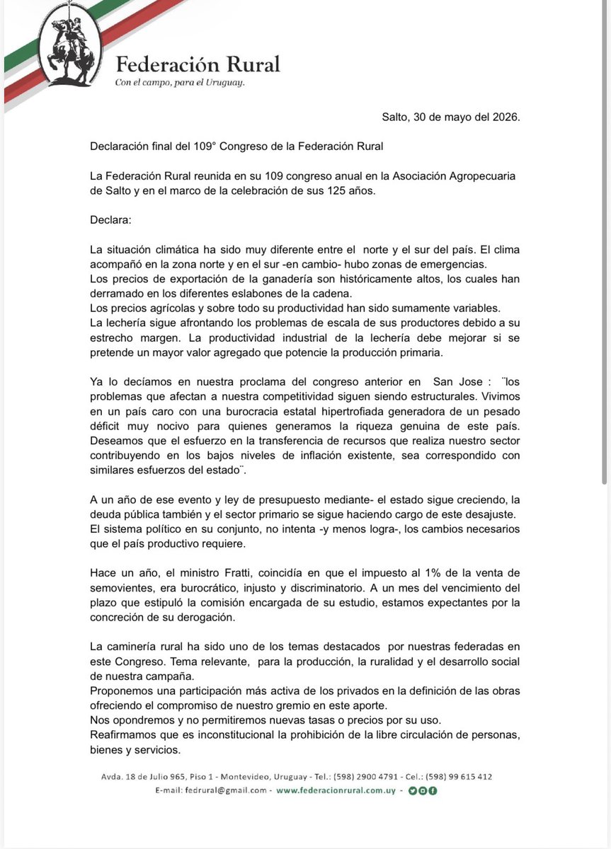 NormeyRafael's tweet photo. Declaración final 109 congreso anual de @federacionrural https://t.co/V6gbw61CVO