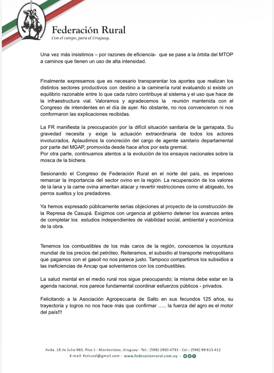 NormeyRafael's tweet photo. Declaración final 109 congreso anual de @federacionrural https://t.co/V6gbw61CVO