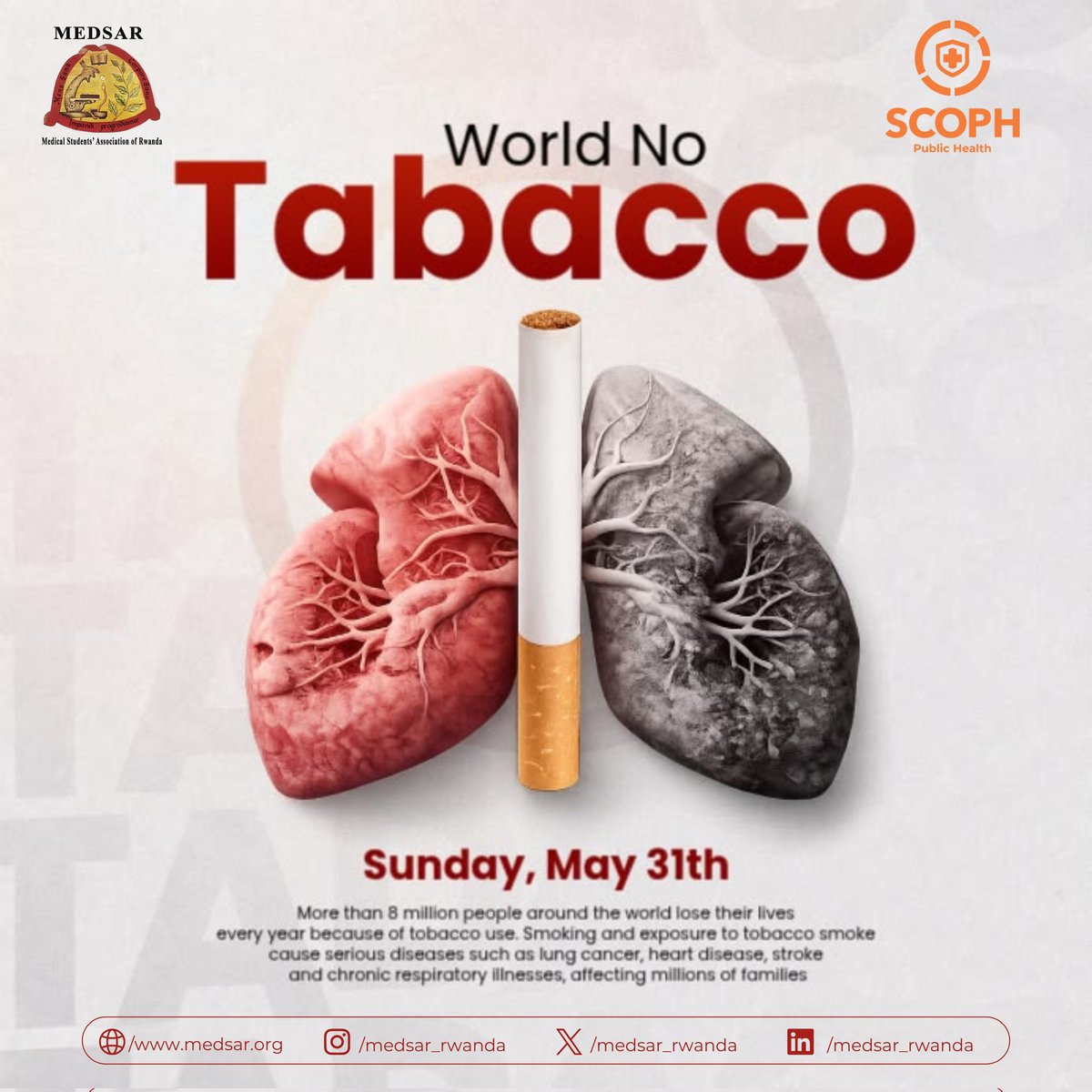 medsar_rwanda's tweet photo. 🚭 Tobacco kills over 8 million people every year.

This year’s theme, “Unmasking the Appeal,” highlights how tobacco and nicotine products are marketed to look attractive while concealing serious health risks.

Your lungs | Your heart | Your future.

#WorldNoTobaccoDay2026 https://t.co/YxVp9ksQym
