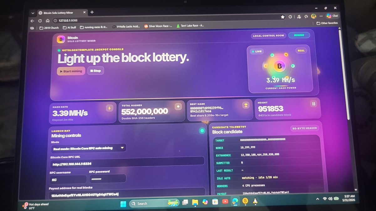 run4ourfun's tweet photo. Solomining BTC with my own Vibe Coded software. Zero coding experience. ChatGTP 5.5 with Codex. Some help from my own Hermes Agent. Kinda Cool 😎  It turns on when the laptop goes idle. Has animations all flashy like a Rave 🤣 https://t.co/nJ3KwnhnXL