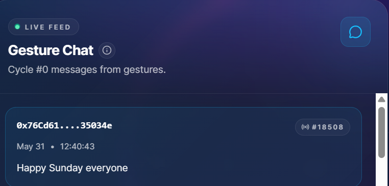 CosmicSignature's tweet photo. We have added a 'Gesture Chat' feature to the game site.

Now, every time you leave a message with your gesture, it'll show up in this panel.

Go try it out at: https://t.co/9mbh6sth9p

Also, happy Sunday to the Cosmic fam 🙏