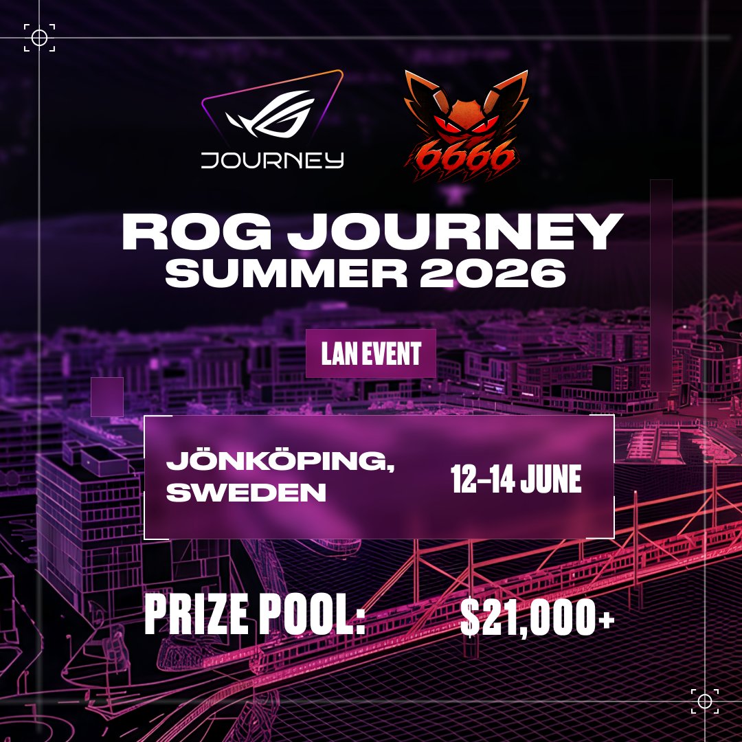 6666esports's tweet photo. ✈️ Next stop — Sweden 🇸🇪

 Very soon, 6666 will be heading to Jönköping for ROG Journey Summer 2026.

🗓 From June 12 to 14, a live LAN tournament awaits us with a crowd, fierce rivals, and a battle for a $21,000+ prize pool https://t.co/0TgDzQcQDC